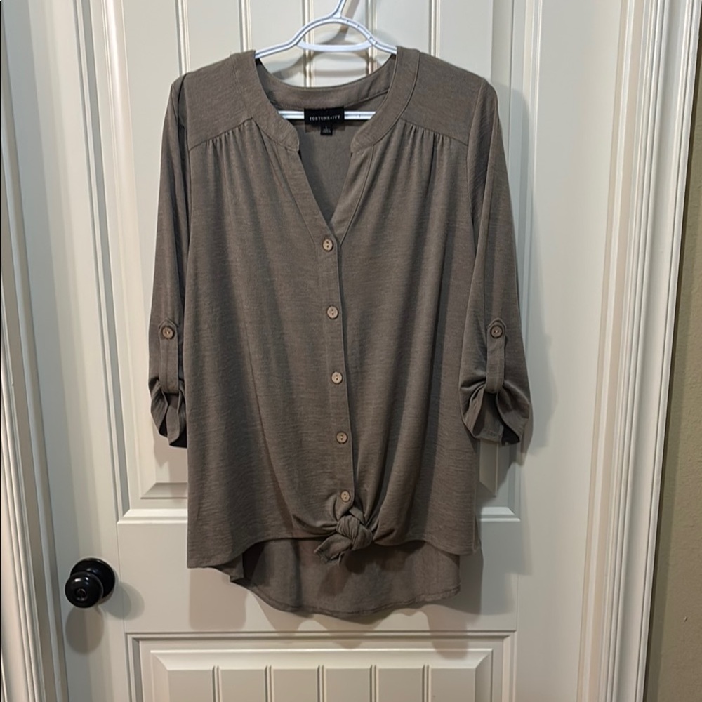 Tan 3/4 Sleeve Mandarin Collar Tie Front Blouse